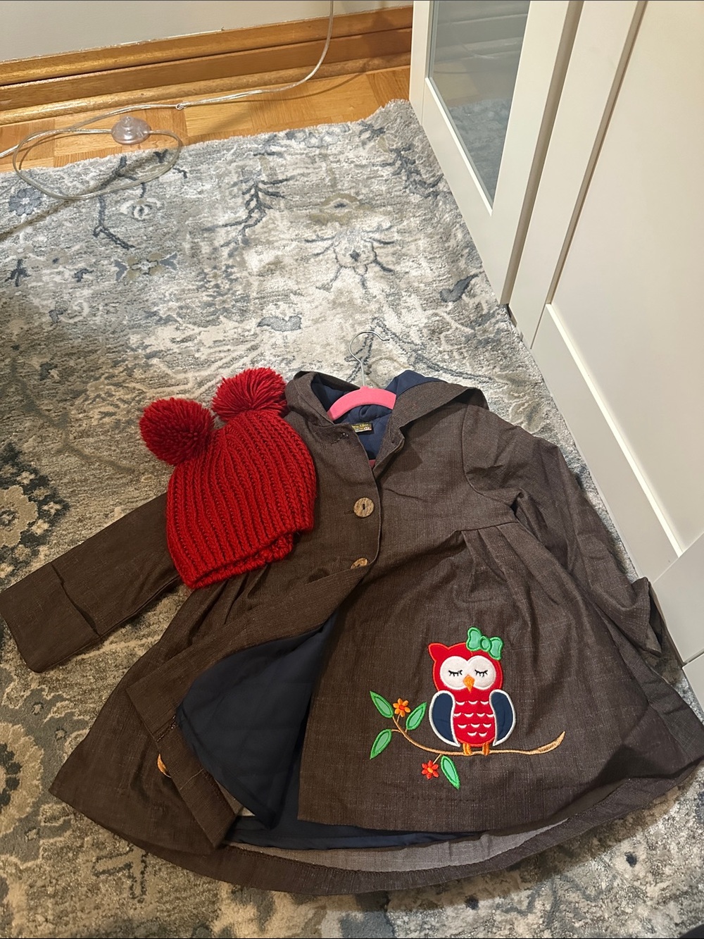 Girls Brown Owl Appliqué Hooded Costume Coat with Red Pom-Pom Hat